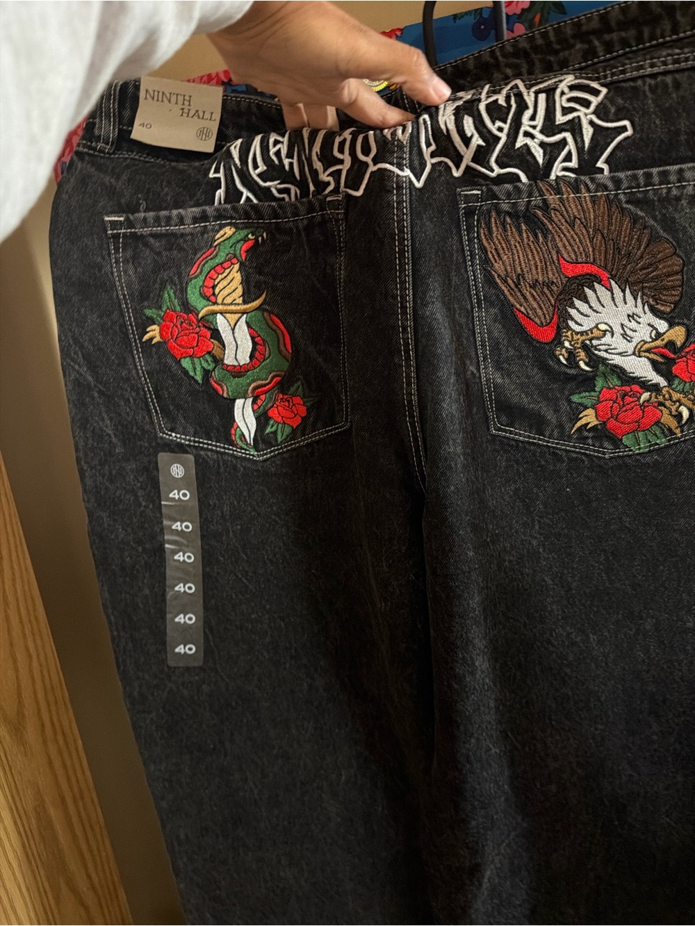 Ninth Hall Black Relaxed Men’s Jeans with Embroidered Snake & Eagle